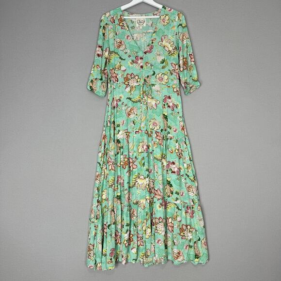 Sunday Mi Amor Anthropologie Dress Womens Small Green Floral Maxi Tiered Cottage - Picture 2 of 16